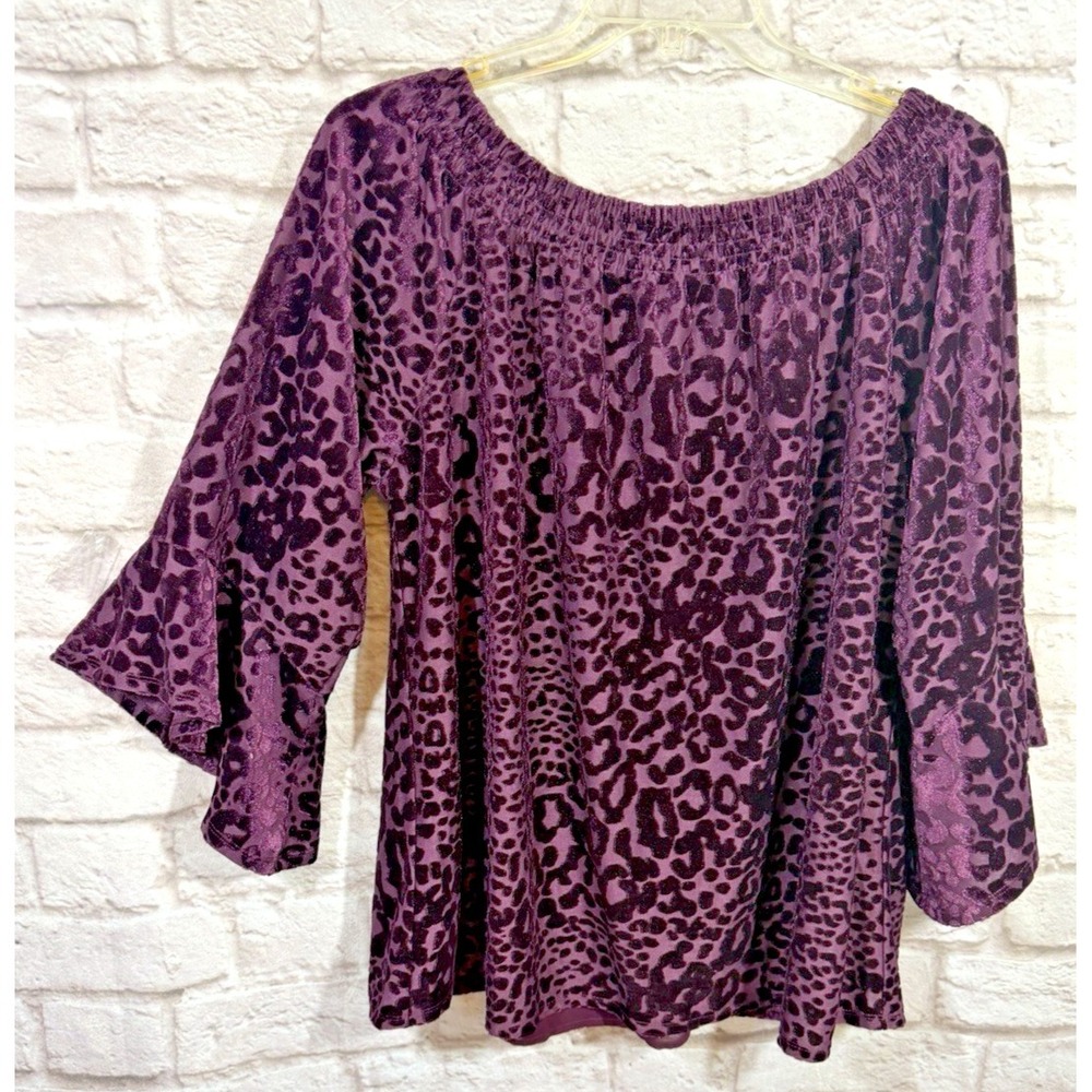 Belle by Kim Gravel XL Burgundy Velvet Top On Off Shoulder Peasant Smocked Flare - Picture 6 of 9